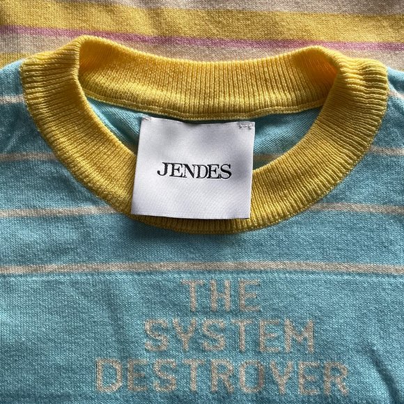 JENDES The System Destroyer Blue Soft Knit T-shirt with Yellow Pink Stripes S - Picture 4 of 5